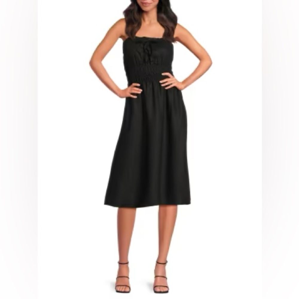 Saks Fifth Avenue Black Strapless Linen Smocked Dress